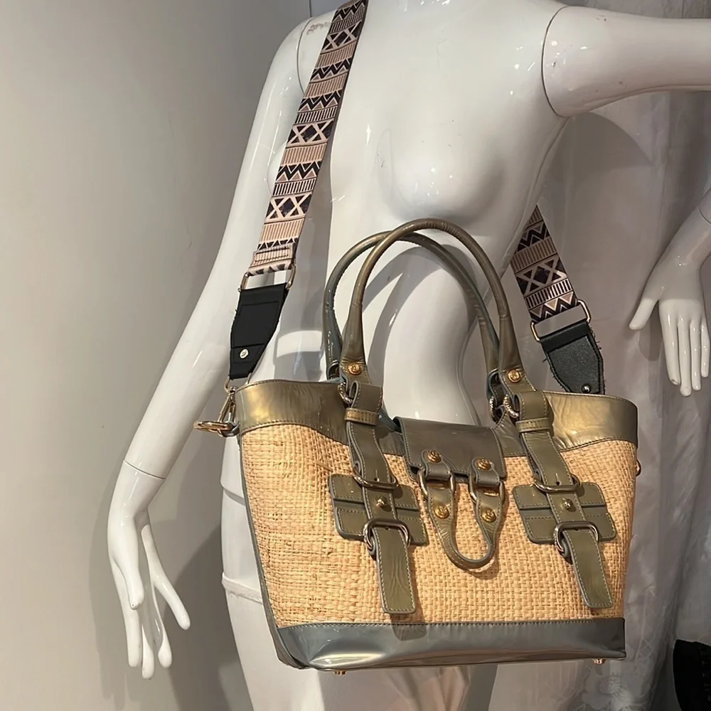 Stuart Weitzman Patent Leather and Raffia Woven Satchel w/ crossbody strap